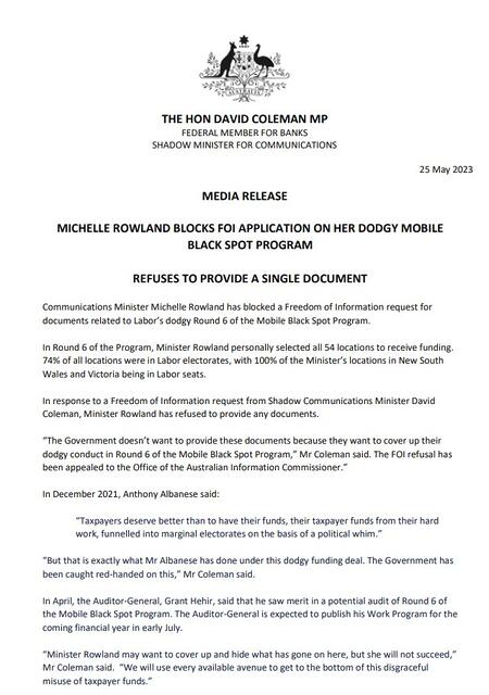 Media Release  Michelle Rowland blocks FOI application on her dod...