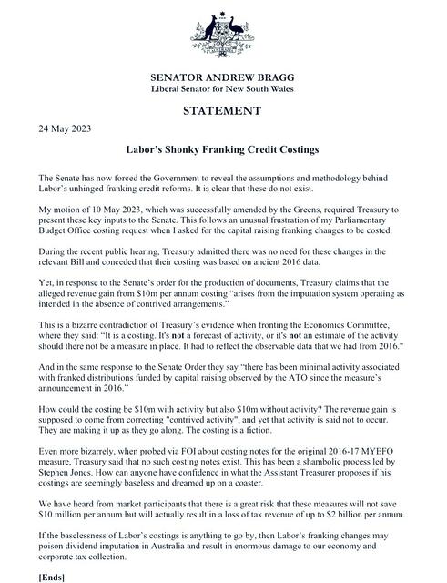 Statement on Labor’s franking credit changes. ...
