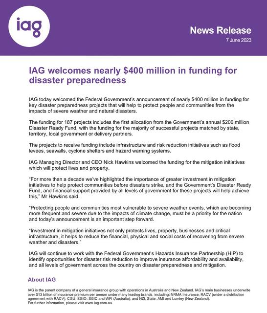 Senator Murray Watt: IAG welcomes the Albanese Gov’s Disaster Ready Fund. “Investment …