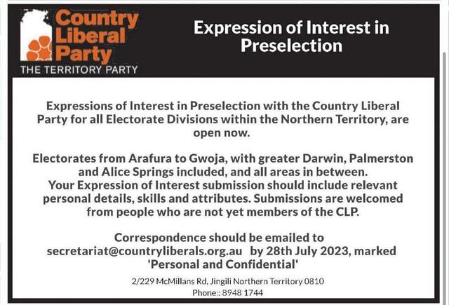 Country Liberal Party: EXPRESSIONS OF INTEREST NOW OPEN The Country Liberal Party is looking …