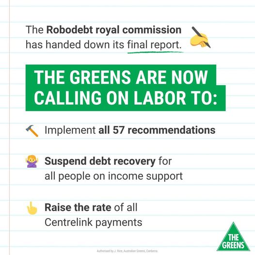 The Greens welcome today's report from the Robodebt Royal Commiss...