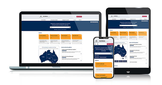 Image of a laptop, mobile phone and tablet, all displaying the home page for the revised outbreak.gov.au website.