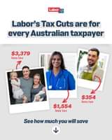 May be an image of 4 people and text that says 'Labor Labor's Tax Cuts are for every Australian taxpayer $3,379 less tax 7 $354 less tax $1,554 less tax See how much you will save'