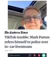 May be an image of 1 person and text that says 'The Canberra Times TikTok trouble: Mark Parton refers himself to police over in-car livestream June 1 2021'
