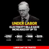 May be an image of 1 person and text that says 'UNDER LABOR ELECTRICITY BILLS HAVE INCREASED BY UP TO $752 $622 IN NSW $696 IN SE QLD $275 IN SA IN VIC LABOR CAN'T BE TRUSTED'