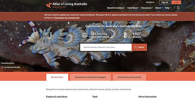 A screen shot of website home of Atlas of Living Australia.