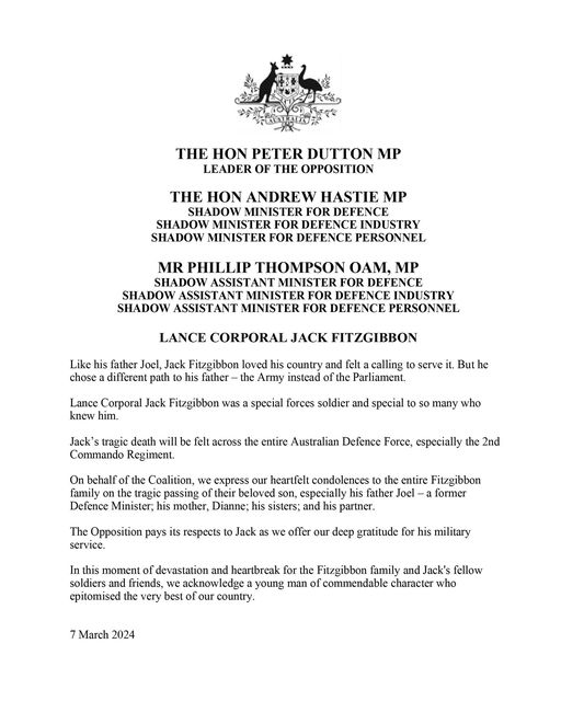 Peter Dutton: On behalf of the Coalition, we express our heartfelt condolences to th…