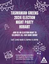 May be an image of ‎text that says '‎TASMANIAN GREENS 2024 ELECTION NIGHT PARTY HOBART JOIN US ON ELECTION NIGHT TO CELEBRATE ALL OUR HARD WORK! SAT 23RD MAR 5:30PM-9:30PM 5:30PM- ن 業業 Overland Brewers & Distillers 284 Argyle St, North Hobart (just down from Greens HQ) Û TAS 000 Authorisedby THE GREENS‎'‎