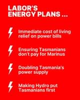 May be an image of text that says 'LABOR'S ENERGY PLANS... ነ Immediate cost of living relief on power bills ነ Ensuring Tasmanians don't pay for Marinus ነ Doubling Tasmania's power supply ነ M first Hydro put'