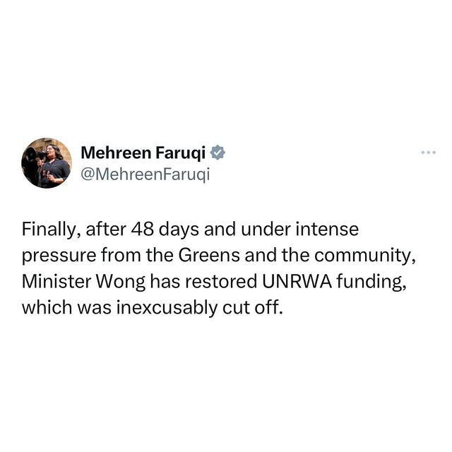 The Australian Greens: UNRWA funding should never have been withdrawn….