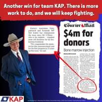 May be an image of 1 person and text that says 'Another win for team KAP. There is more work to do, and we will keep fighting. Katter's Australian Party patriarch and Kennedy MP Bob Katter has championed the since Mr 'Brien required for his leu- kaemia treatment. "We congratulate the minis- ter for this announcement and for the first progress years on this issue, hesaid. Courier We'refornow mail $4m for donors Bone marrow injection McCormack cruitment The ohro undertake to aggressive KAP @'