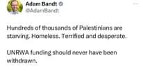 May be an image of 1 person and text that says 'Adam Bandt @AdamBandt Hundreds of thousands of Palestinians are starving. Homeless. Terrified and desperate. UNRWA funding should never have been withdrawn. This is the bare minimum. Labor gets no praise for putting back what should never have been taken away.'