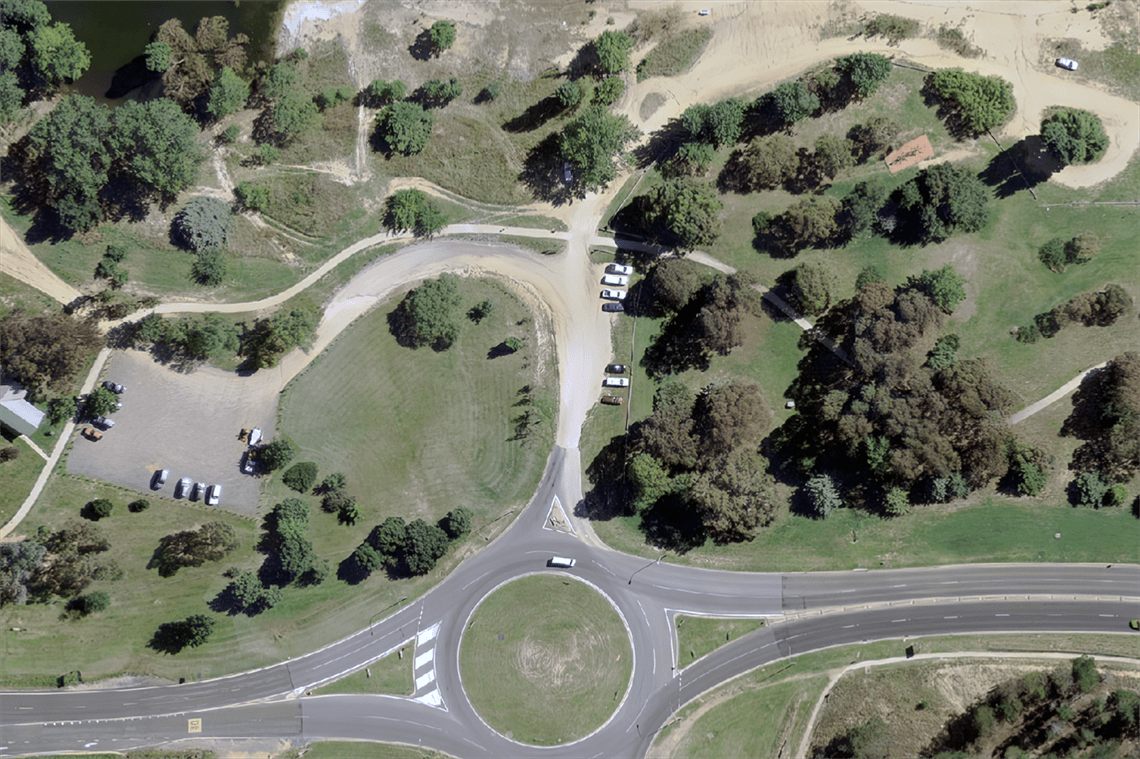 An overhead aerial photo of the Claypits precinct and parking area