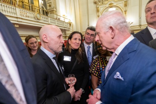 Image shows King Charles meeting (left to right) researchers Prof Michael Singer, from Cardiff University, Prof Katerina Michaelides and Dr Sean Fox for the Water and Climate Reception