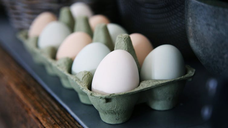 A carton of eggs in a wooden table.