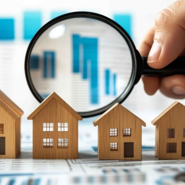 stock image of a hand holding a magnify glass over toy block houses with graphs in the background