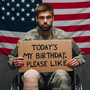 AI-generated image of a soldier in front of a USA flag, sitting in a wheelchair and holding a cardboard sign that reads