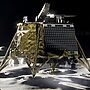 An illustration of a lander, which looks like a mechanical box with small suport legs, on the lunar surface.