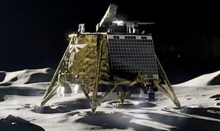 An illustration of a lander, which looks like a mechanical box with small suport legs, on the lunar surface.