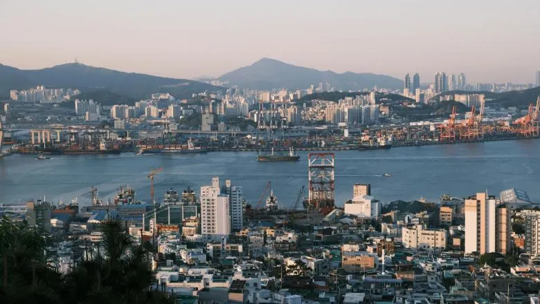 Vibrant Port Cityscape at Sunrise. Busan, South Korea