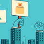 ChatGPT Image A cartoon depiction of buildings holding placards