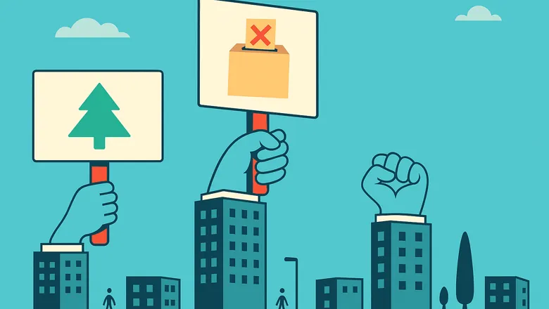 ChatGPT Image A cartoon depiction of buildings holding placards