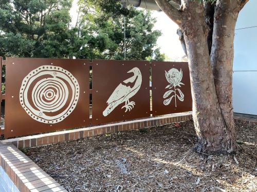 Images of the Artwork in the garden by Dharug artist Leanne Watson Redpath