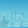 Blue background with shapes and behind it is a silhouette of populations on the move