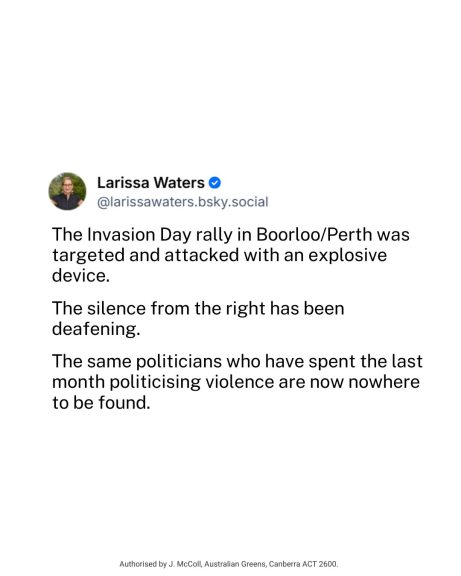 The Invasion Day rally in Boorloo/Perth was targeted and attacked with an explosive...