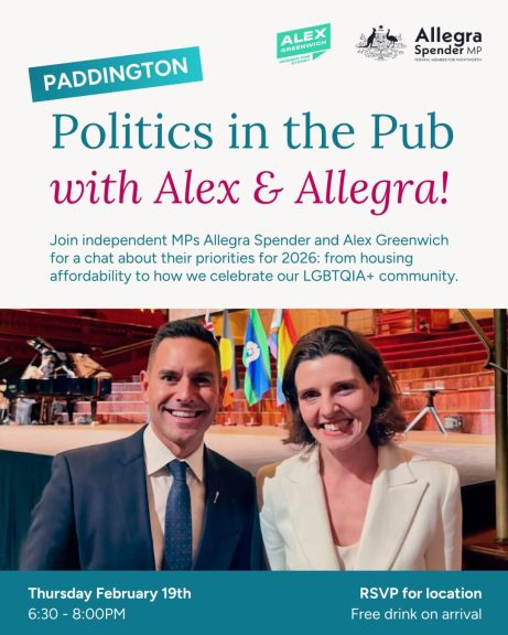 I’m really looking forward to Politics in the Pub with independent state MP for Sydney...