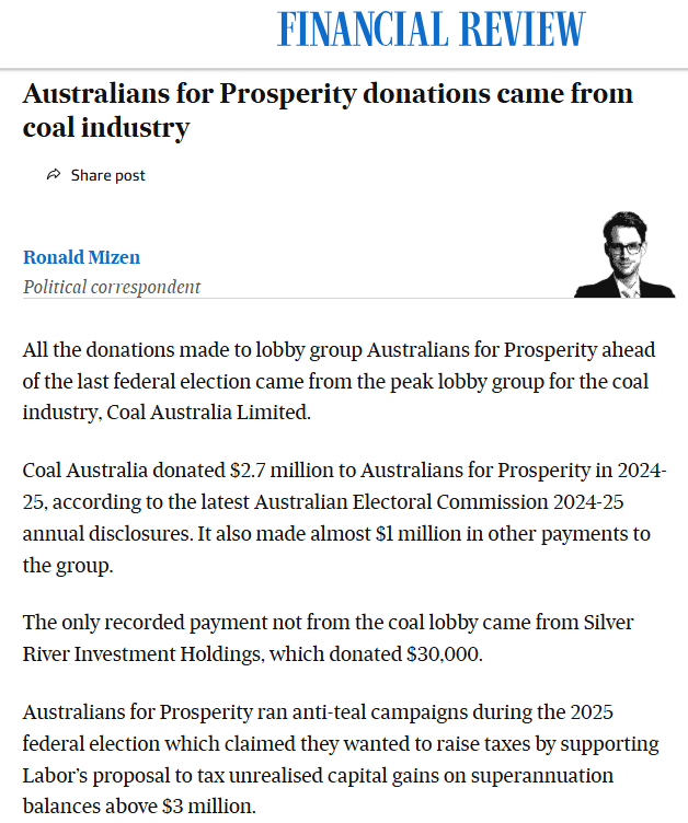 9 months post-election, it's confirmed that Australians for Prosperity, headed by ex-Lib...