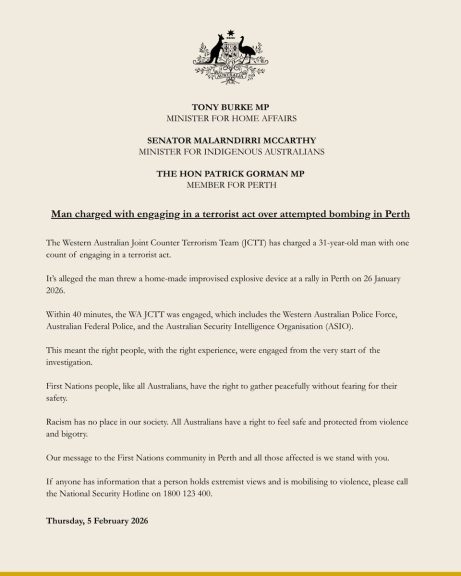 Man charged with engaging in a terrorist act over attempted bombing in Perth.  The...