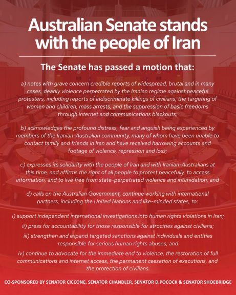 The Australian Senate has just passed a motion condemning the Iranian regime's brutal...